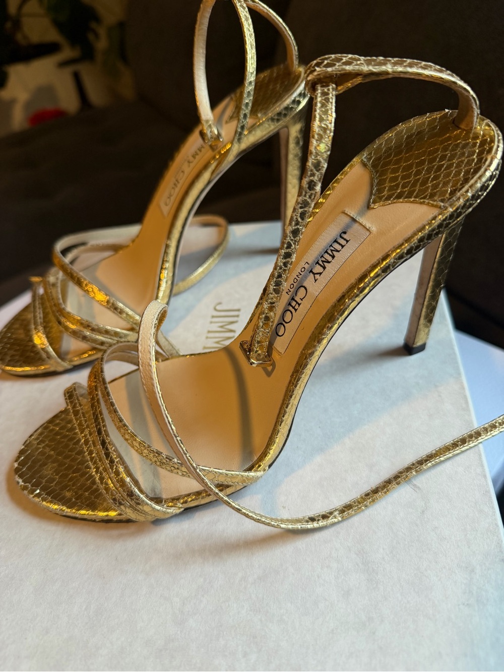 Jimmy Choo Metallic Gold Strappy Stiletto Sandals